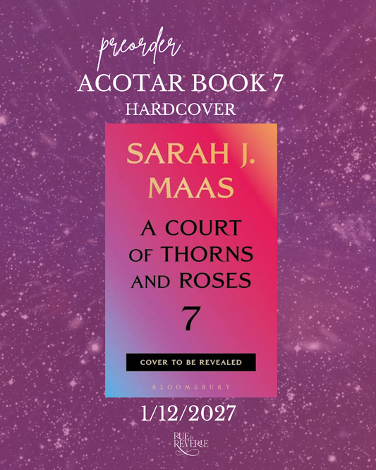 Promotional graphic for the hardcover book cover of Sarah J. Maas's 'A Court of Thorns and Roses' Book 7, featuring a purple and pink glittery background with a central book cover preview.