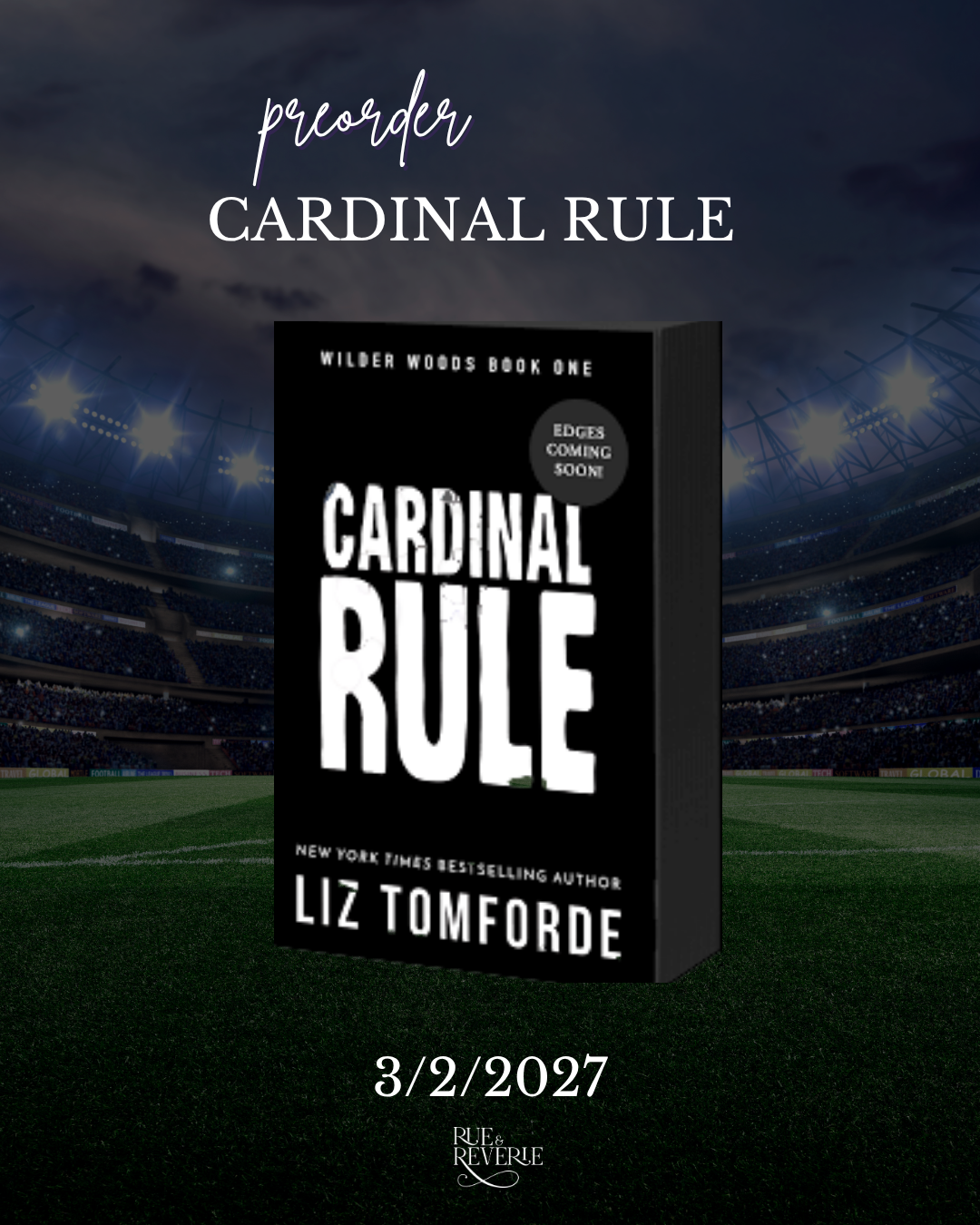 Book cover for 'Cardinal Rule' by Liz Tomforde, shown as a 3D book box mockup on a dark stadium field background. The cover is black with bold white text.