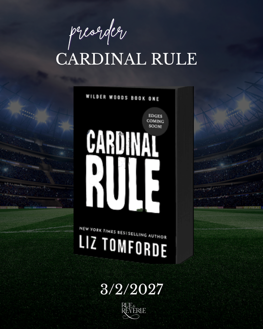 Book cover for 'Cardinal Rule' by Liz Tomforde, shown as a 3D book box mockup on a dark stadium field background. The cover is black with bold white text.
