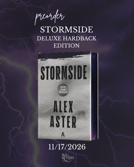 Promotional graphic for the book 'Stormside Deluxe Hardback Edition' by Alex Aster, showing a silver-gray hardback book cover with black text, set against a dark purple stormy background with lightning bolts. The text 'pricarder' appears at the top, and the date '11/17/2026' is shown at the bottom.